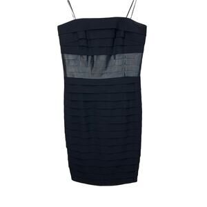 Carmen Marc Valvo Tiered Pleated Little Black Dress Strapless Sheath Leather 6 S